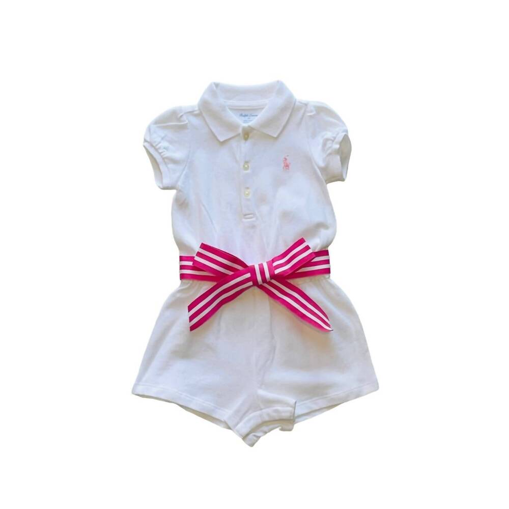 NEW RALPH LAUREN girls' stretch mesh polo romper in white